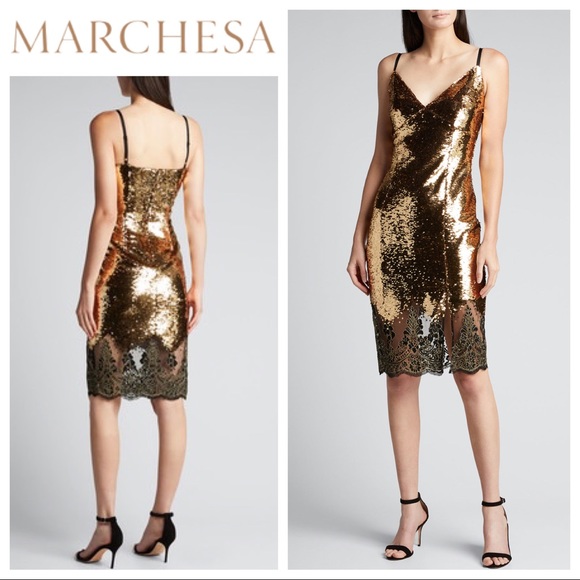 MARCHESA NOTTE Sequin V-Neck Lace-Hem Slip Dress - Picture 1 of 11